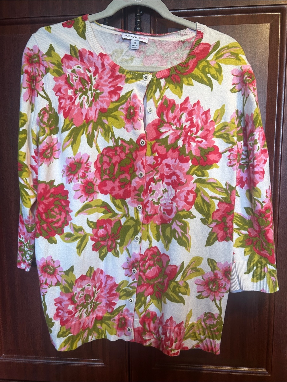 Isaac Mizrahi White Cardigan with Pink Floral Print